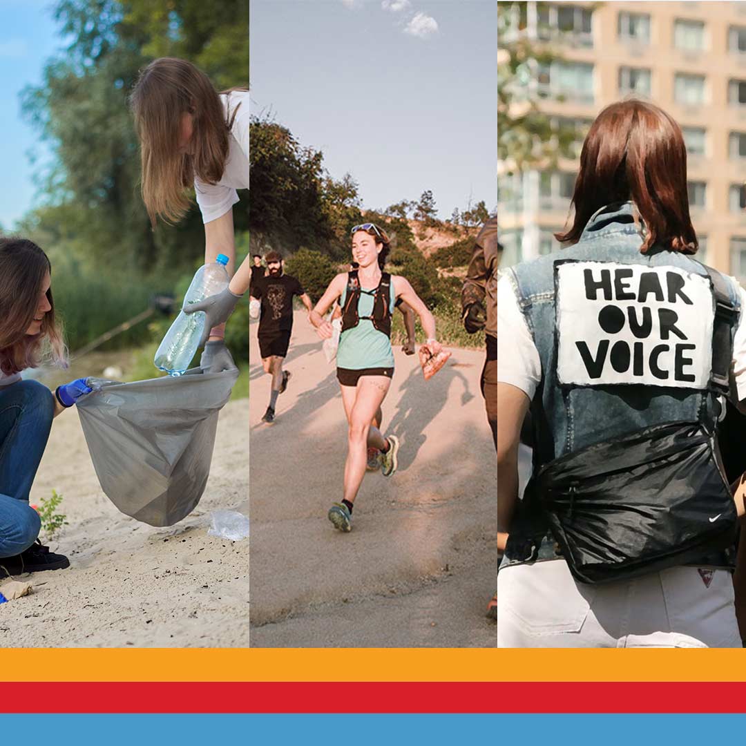 Two people picking up plastic bottles on the beach, people running down a trail and a person wearing a jacket with the words hear our voice printed on the back.
