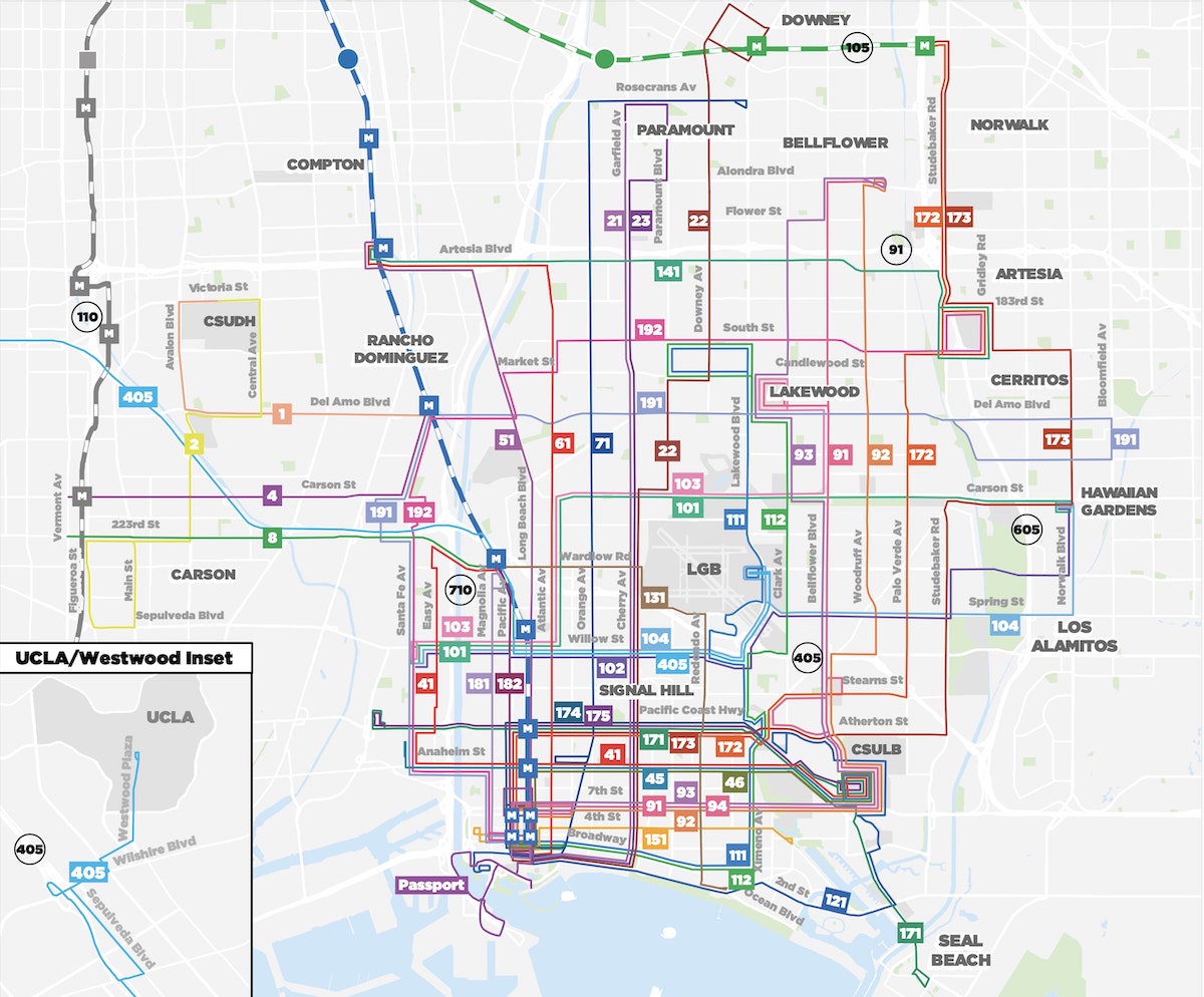 Long Beach Transit Hunyo 2022 Mapa ng Serbisyo