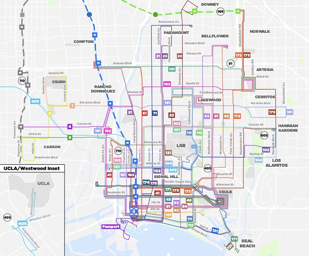 Long Beach Transit Hunyo 2022 Mapa ng Serbisyo