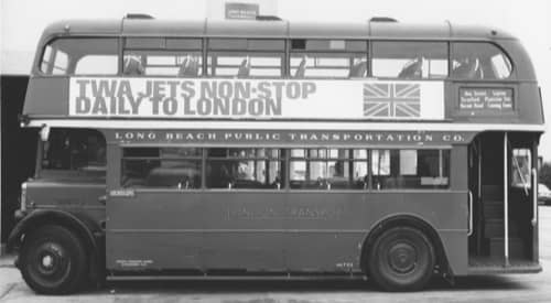 Black and white picture of a double decker bus in 1967